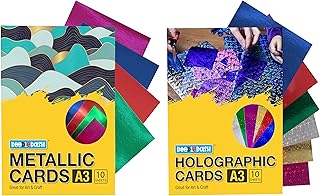 Metallic + Holographic Cards Combo Pack A3 Size 250 GSM Multicoloured - DIY Art & Craft, Scrapbooking, Card Marking, Decorations, Other Cardstock Activities & Projects (Pack of 20 Sheets)