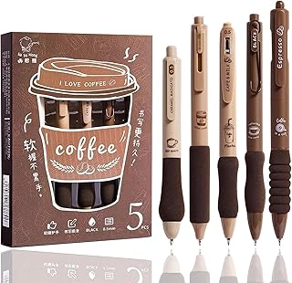 UCRAVO Coffee Theme Stationery Items - 0.5mm Retractable Blue Ink Gel Pens Set of 5 Cute Pen for School College Teenagers Aesthetic Office Use Writing Comfortable and Soft Grip Smooth Birthday Gift
