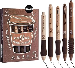 FINEMOE Set of 5 Coffee Theme Gel Pens for Writing, 0.5mm Black Ink Aesthetic Pen with Soft Grip, Cute Kawaii Stationery for Girls & Boys, School Office Use, Return Gift for Kids (Black)