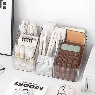 Amazon Basics Transparent Desk Organiser Combo | 3 & 4 Compartment Units | 3.9 × 14.9 × 12 cm & 18 × 14.8 × 12 cm | White | Plastic | Compact Storage for Office, Makeup, or Crafts | Pack of 2